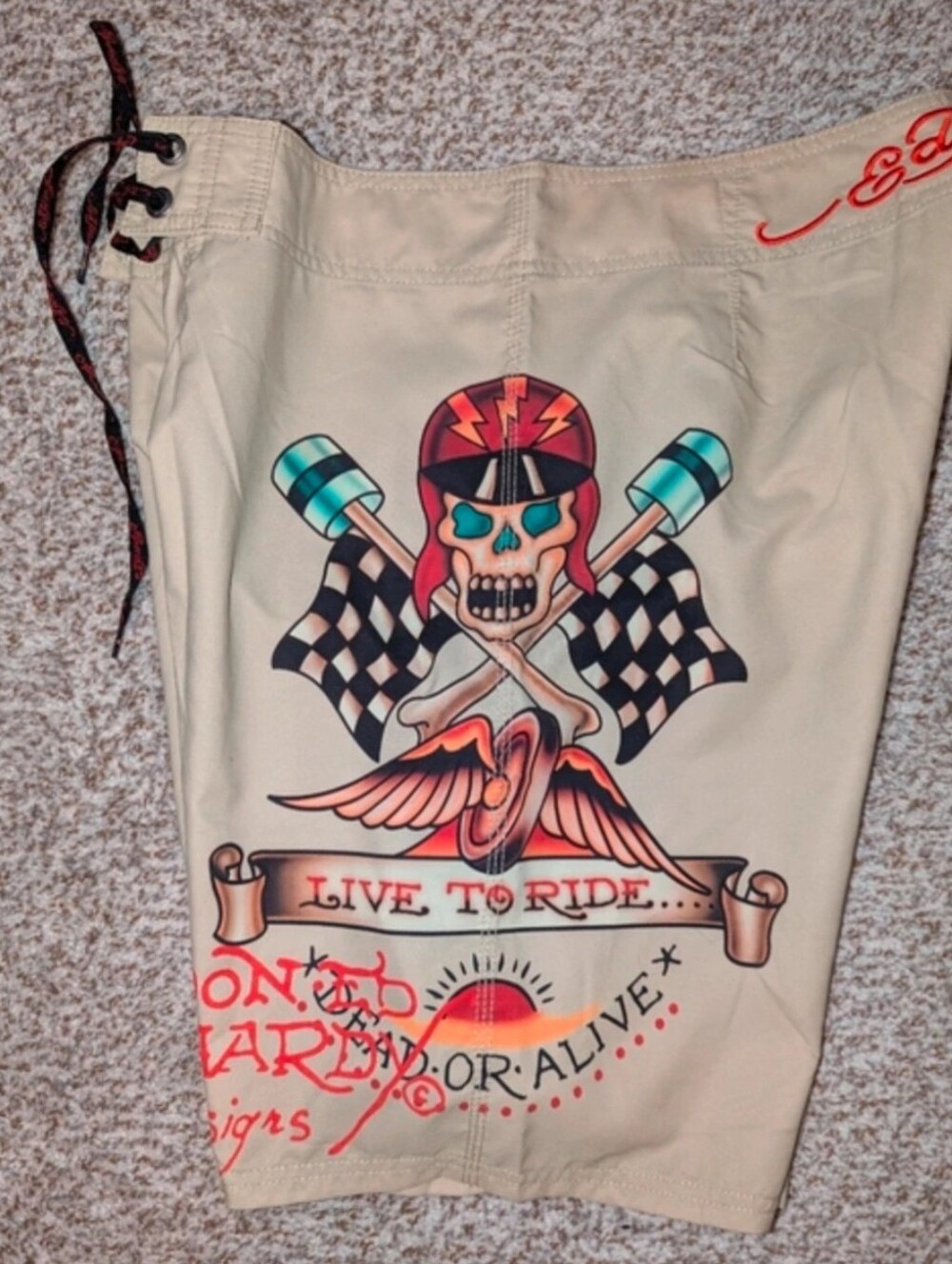 Ed Hardy Beige Graphic Eagle Death Before Dishonor Board Shorts, Mens 36